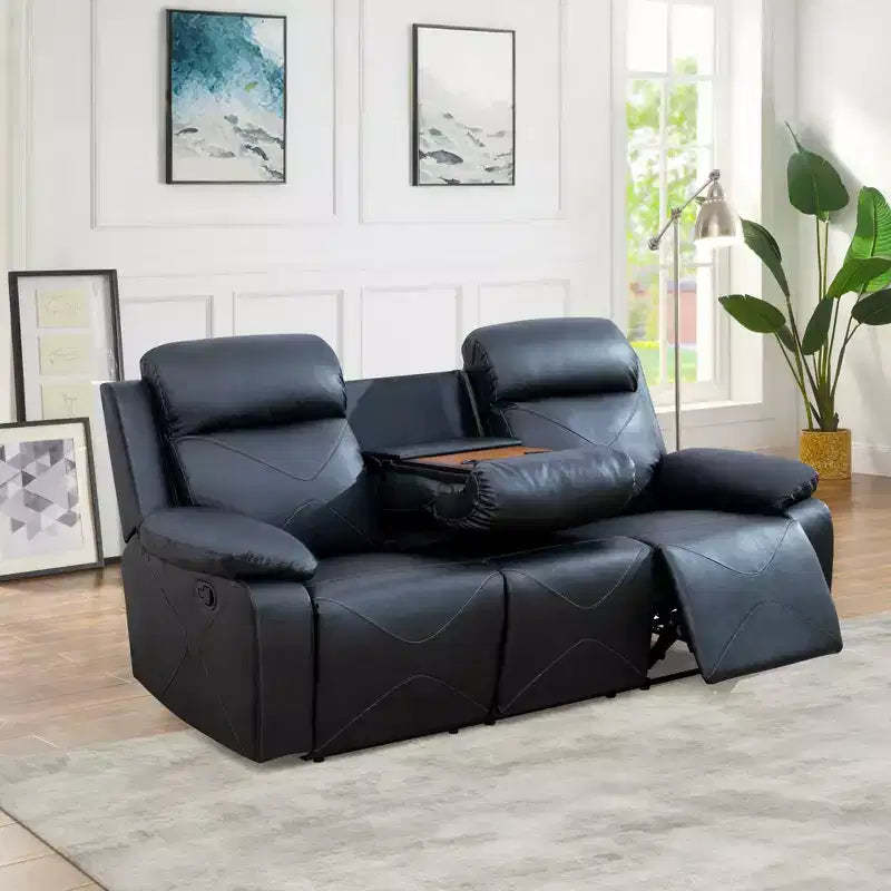 MAYEERTY Reclining Sofa, 3-Seat Breathable Leather Recliner with Reversible Coffee Table for Living Room, Black