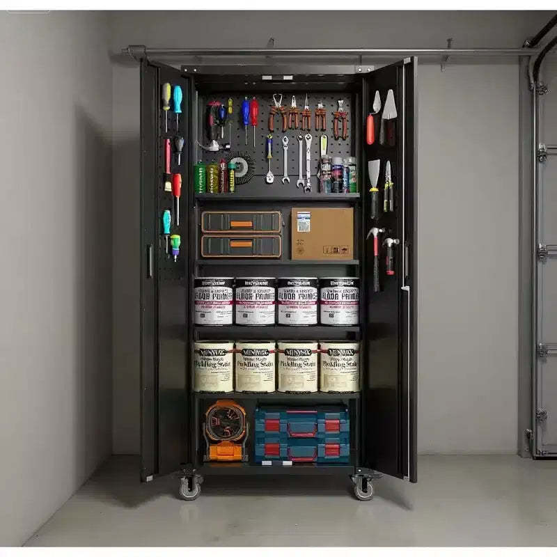 Metal Garage Storage Cabinet with Pegboard, 72 Lockable Storage with Adjustable Shelves and Wheels
