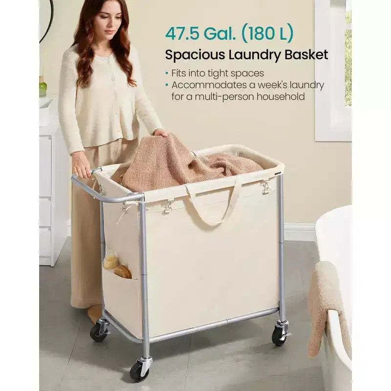 Rolling Laundry Hamper with Removable Liner, 47.5 Gallon Wheeled Basket with Brakes and Steel Frame, Cream White