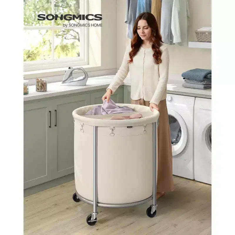 63.5-Gallon Rolling Laundry Hamper with 2 Compartments, Heavy-Duty Steel Frame Cart with Locking Wheels, Cream White and Silver