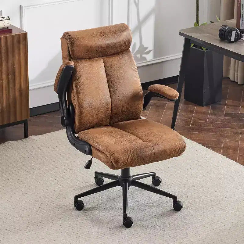 VINGLI Microfiber Brown Rolling Ergonomic Office Desk Chair with Padded Flip-up Arms, 360Swivel High Back Executive Computer Chair with Wheels