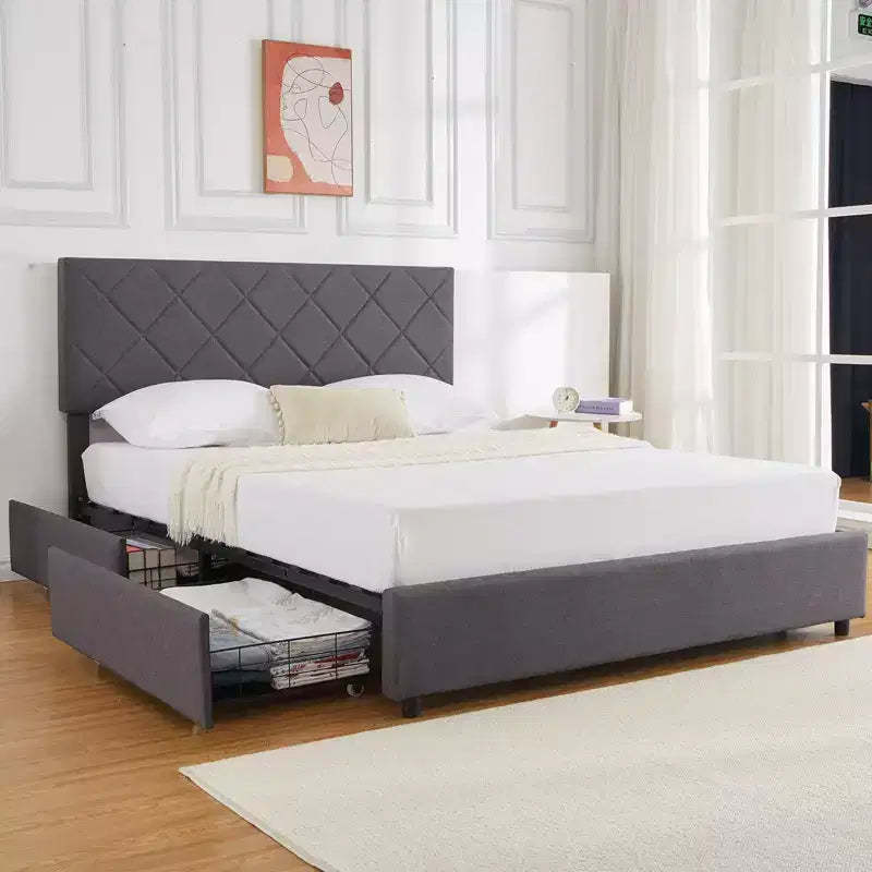 Queen Size Bed Frame with Adjustable Headboard, Upholstered Bed Frame with 4 Storage Drawers, Noise-Free, No Box Spring Needed