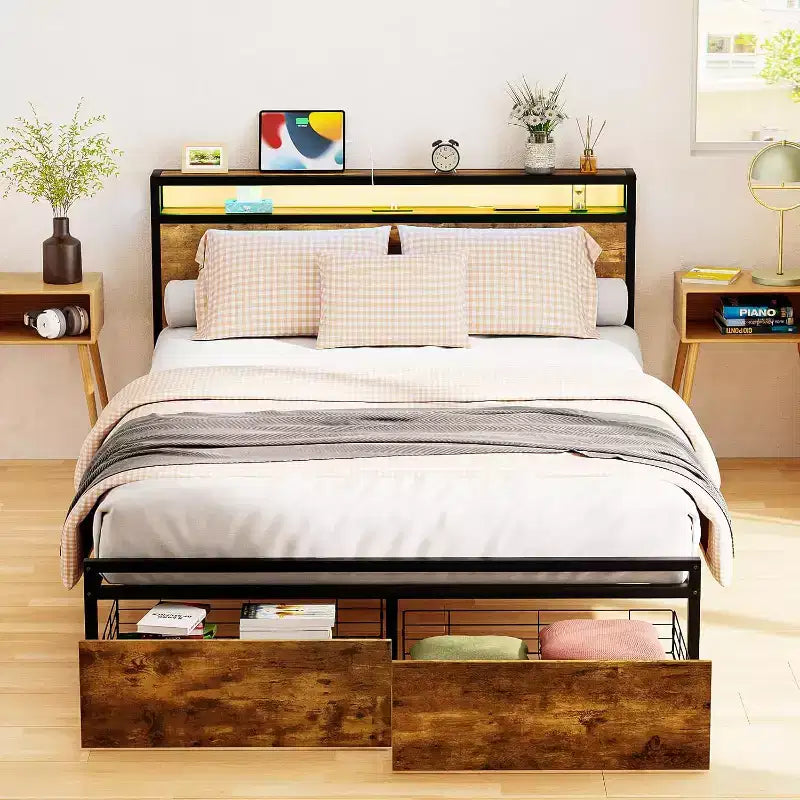 Zevemomo Full Bed Frame with Storage Drawers, Bed Frame Full Size LED Light, Noiseless, Rustic Brown