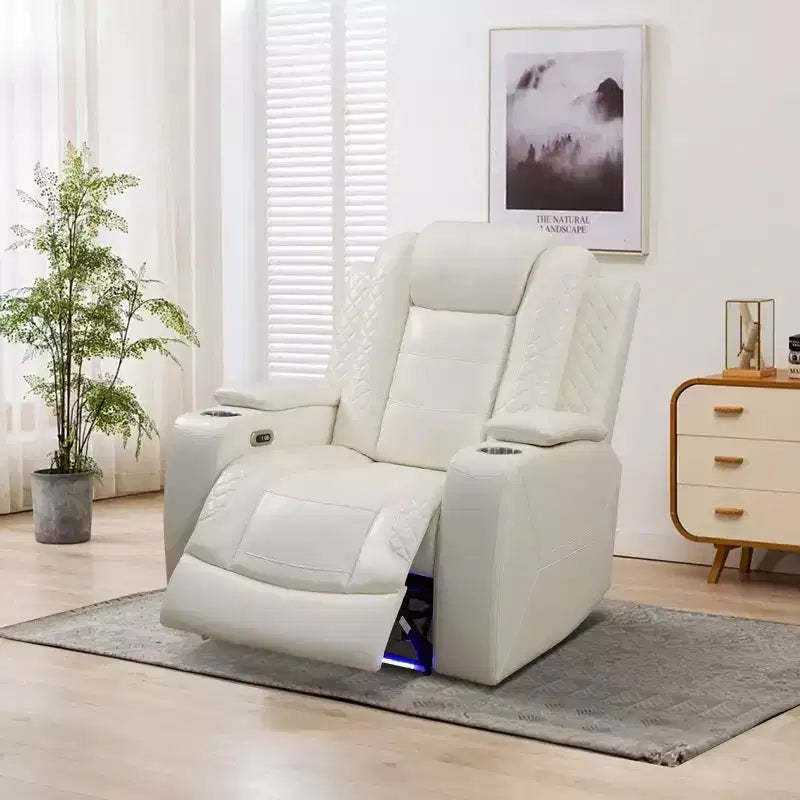 MAYEERTY Power Recliner Chair, Electric Leather Reclining Chair with USB Charging, Storage & Cup Holder for Living Room, White