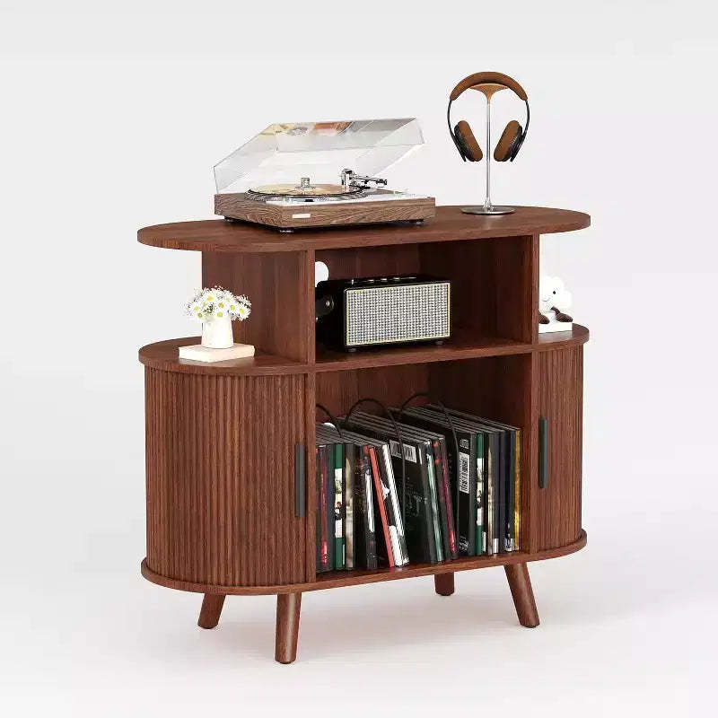 Mid Century Modern Record Stand, Fluted Turntable Cabinet with Charging Station and Display Shelf for Living Room