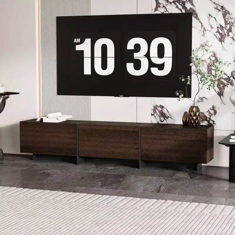Famapy Dark Brown Modern TV Stand,3 Drop - Down Compartments & Sturdy Base,Spacious Storage for Living Room Entertainment