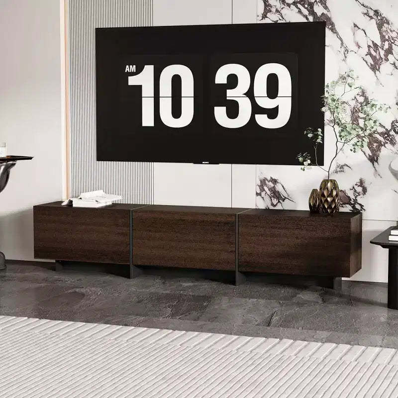 Famapy Dark Brown Modern TV Stand,3 Drop - Down Compartments & Sturdy Base,Spacious Storage for Living Room Entertainment