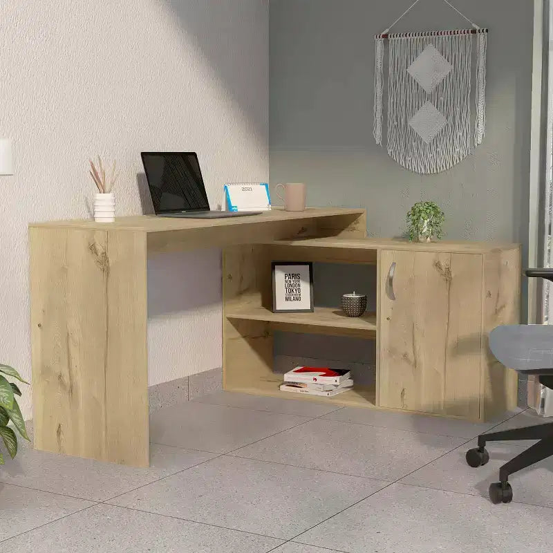 Okak 45.86IN Modern L Shaped Desk, Home Office Desks with 1 Cabinet Door and 4 Shelves, Corner Desk for Reading Room, Study
