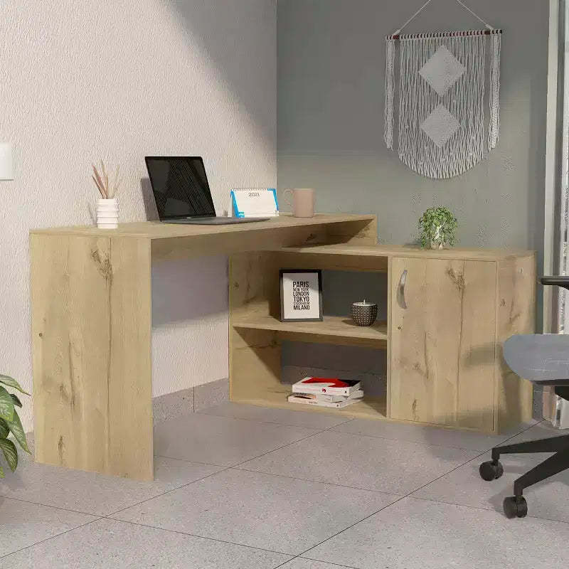 Okak 45.86IN Modern L Shaped Desk, Home Office Desks with 1 Cabinet Door and 4 Shelves, Corner Desk for Reading Room, Study
