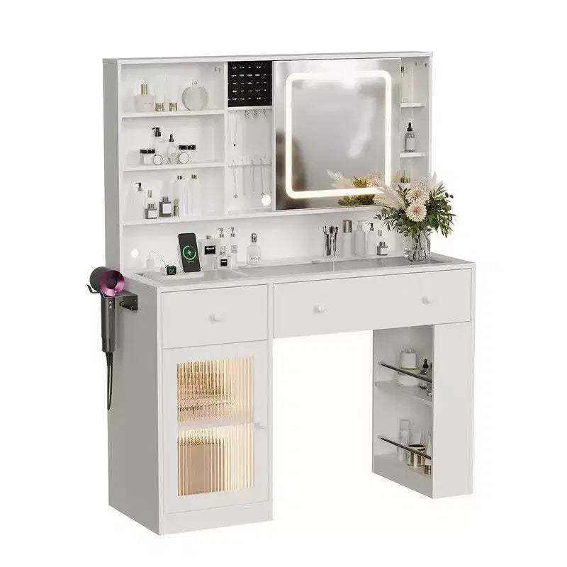 White Particle Board Veneered with Textured Melamine, 2 Drawers, 1 Glass Door, Left and Right 2-tier Shelves, Glass Tabletop, Dressing Table