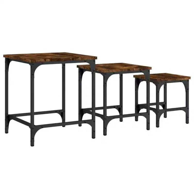 vidaXL Set of 3 Smoked Oak Nesting Coffee Tables - Industrial Design, Engineered Wood, Various Sizes, Metal Frame, Max 99.2 lb Load