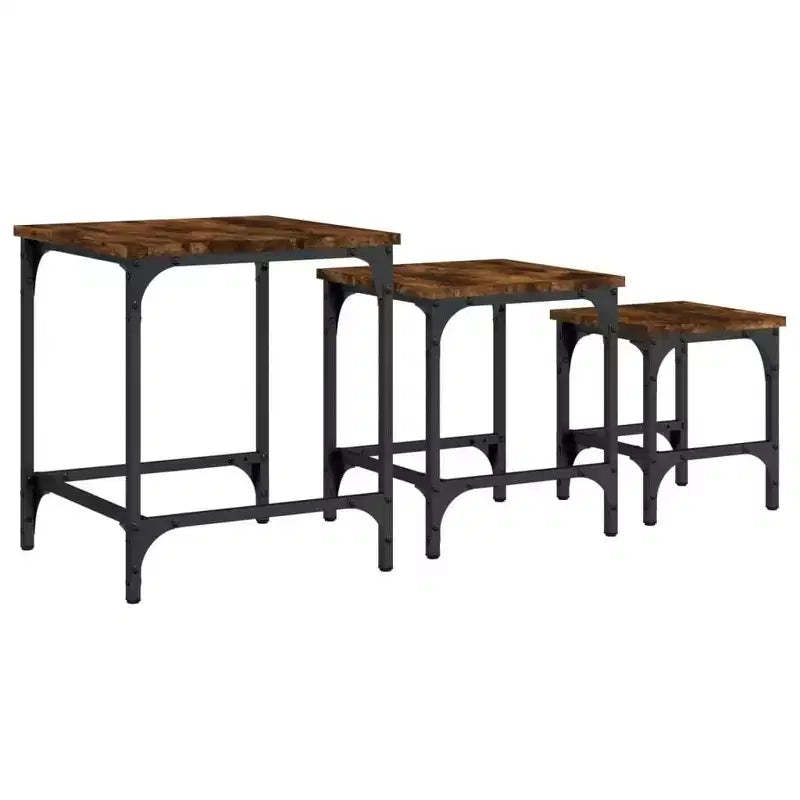vidaXL Set of 3 Smoked Oak Nesting Coffee Tables - Industrial Design, Engineered Wood, Various Sizes, Metal Frame, Max 99.2 lb Load