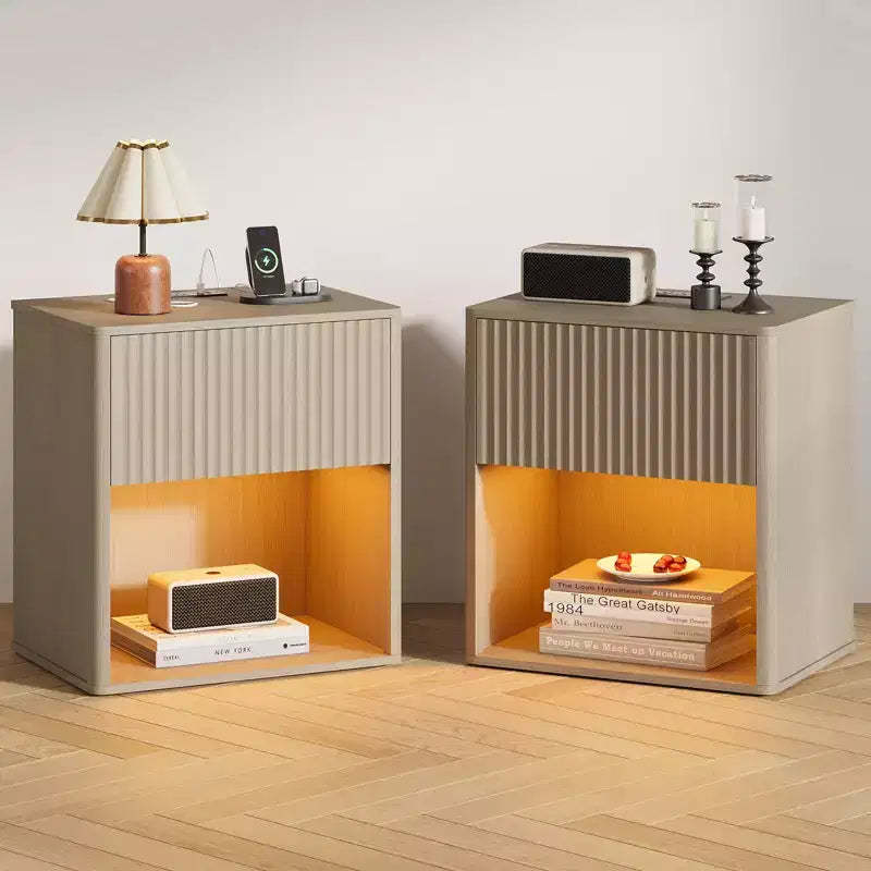 Fluted Nightstands Set 2, Side Tables with LED Light, Modern Mid Century End Table with Drawer, Farmhouse Bed Side Tables for Bedroom Living Room