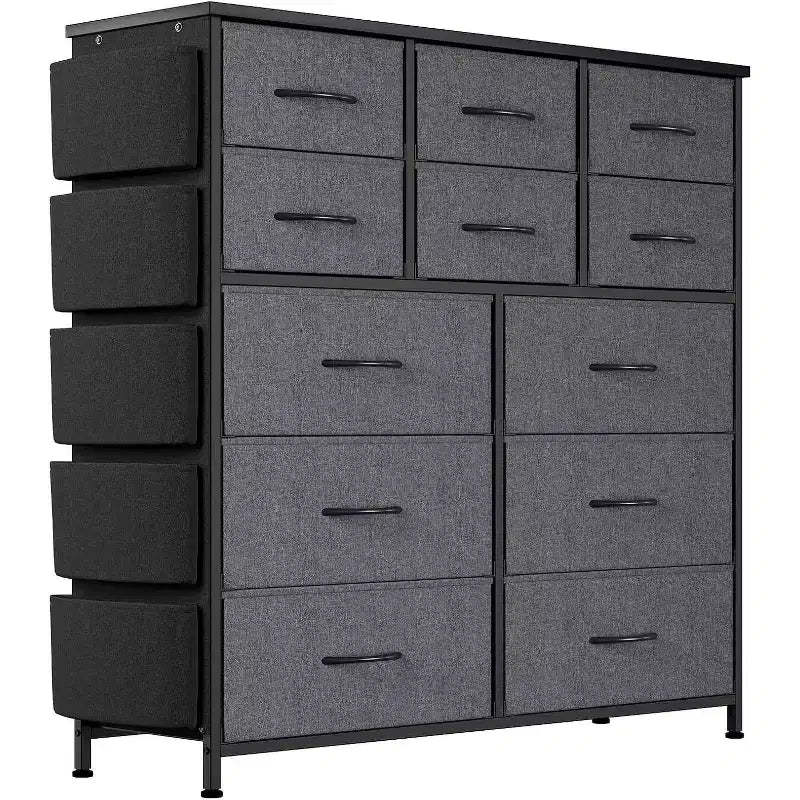 Acekool 12 Drawer Dresser, Tall Fabric Storage Tower with Wooden Top, Side Pockets & Hooks, Chest of Drawers for Bedroom, Closet, Hallway