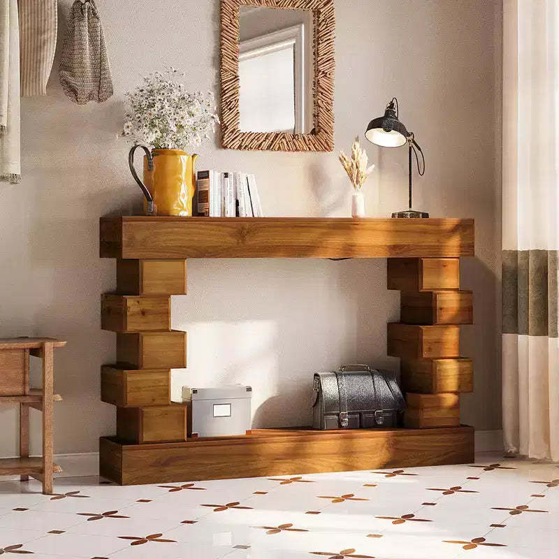GDFStudio Ada Rustic Geometric Block Stacked Wood Console Table