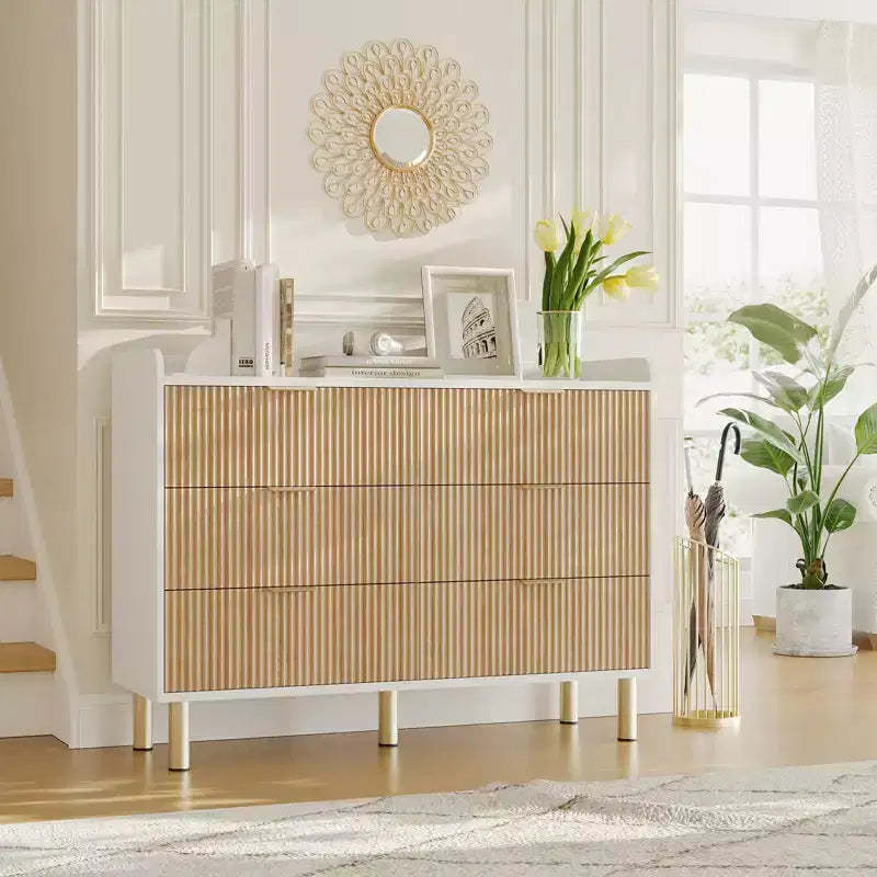 Dresser for Bedroom, 47.2 Fluted Wood Double Dresser with Metal Handles Curved Design Wide Storage Organizer Cabinet, Wood Storage Double