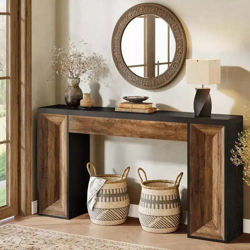 Lantine 63Farmhouse Console Table, with Dual-Tone Design, Rectangular Wood Sofa Table Behind The Couch, for Hallway, Living Room,Black and Brown