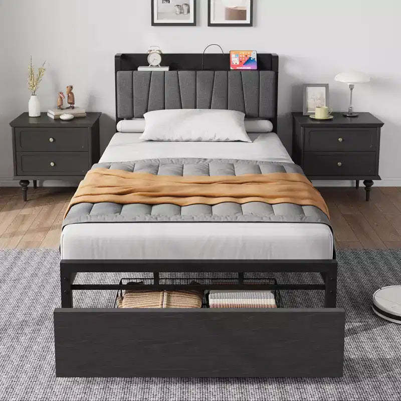 Twin Size Bed Frame with Storage Headboard, Black Industrial Platform Bed with Large Drawer & Charging Station, No Box Spring Needed