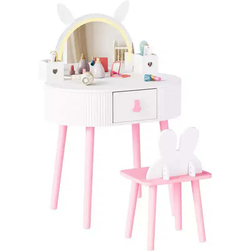 JOYMOR Kids Vanity with Touch Screen & 3-Color Lights, Adjustable Mirror, Table & Chair Set with Storage (White)