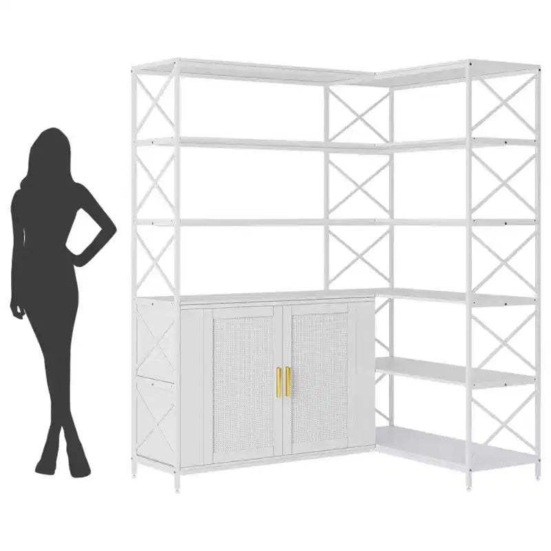 L-Shaped Modern Corner White Bookcase, 6-Layer Corner Open Bookcase, Modern Industrial Style Bookcase for Office, Living Room, Kitchen, White