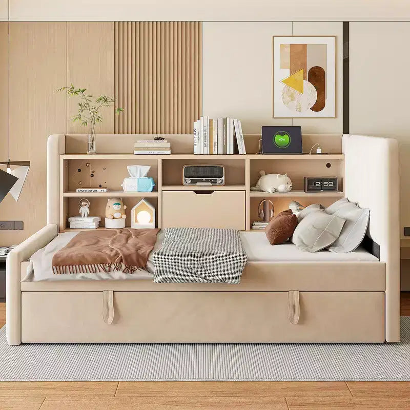 Whisen Space-Saving Twin Daybed with Trundle, Storage Shelves, USB & Power Outlet