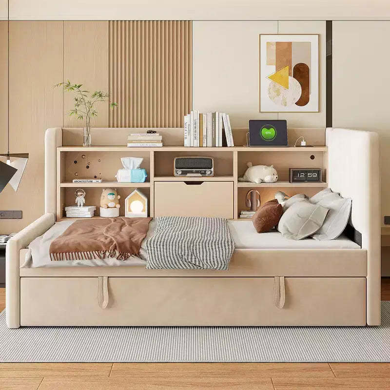 Whisen Space-Saving Twin Daybed with Trundle, Storage Shelves, USB & Power Outlet