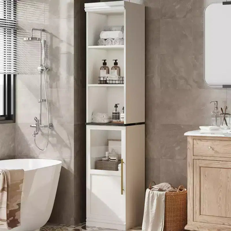 70 Bathroom Storage Cabinet, Freestanding Bathroom Floor-to-ceiling Cabinet with Doors and Open Shelves for Small Spaces, Kitchens, Natural Color
