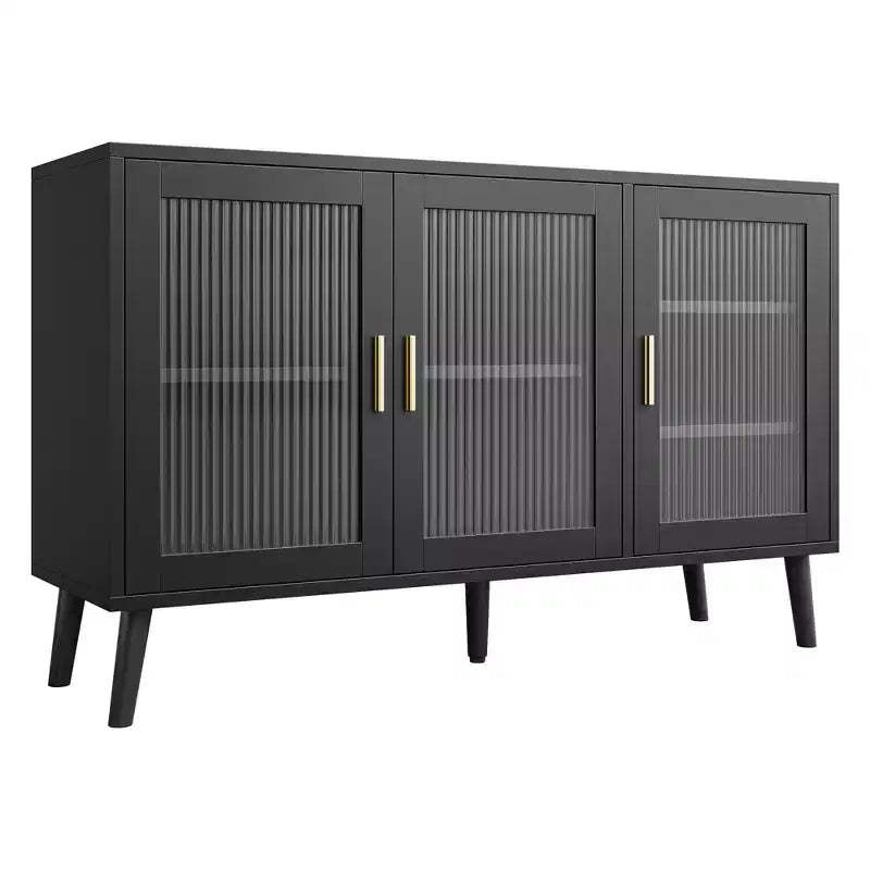 Black Cabinet for Kitchen, Dinning Room, , Living RoomSideboard Cabinet with 3 Fluted Glass Doors,