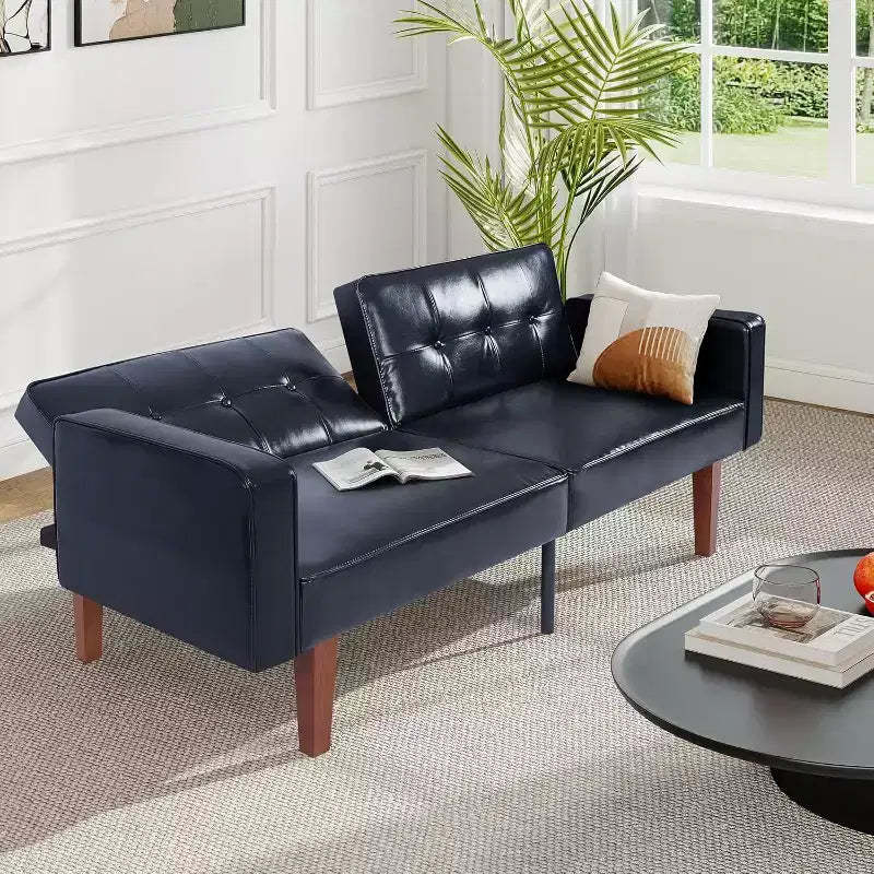 Zevemomo Convertible Sofa Bed With Adjustable BackrestFunctions As A Recliner And Loveseat,Foam And Spring Cushions,Bright Plain Black
