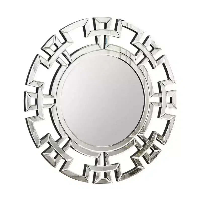HomeRoots 32 Silver Glass Round Art Deco Geo Framed Accent Mirror