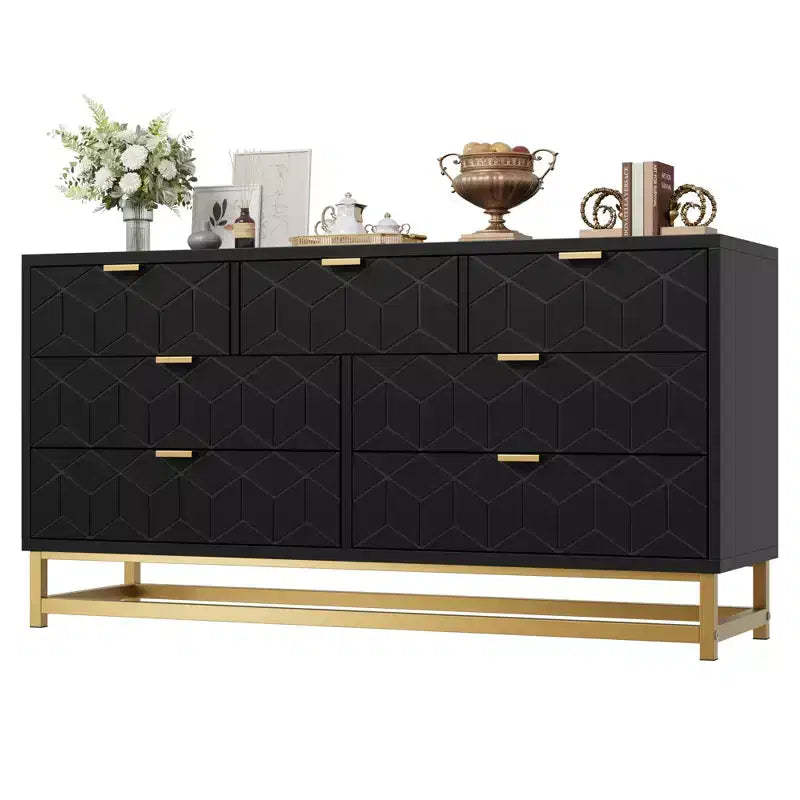 Bedroom Storage Cabinet, 53.5 Inch Wide Dresser Organizer, 7 Drawers, Gold Metal Handles and Legs for Closets, Hallways, Living Rooms, Entryways