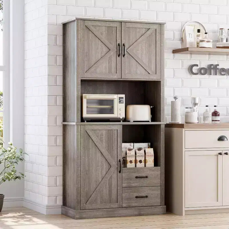 Freestanding storage cabinet, 70.9 inches, with 2 drawers and open shelves, with barn door and microwave bracket, suitable for dining room