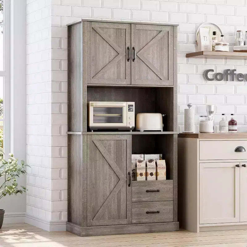 Freestanding storage cabinet, 70.9 inches, with 2 drawers and open shelves, with barn door and microwave bracket, suitable for dining room