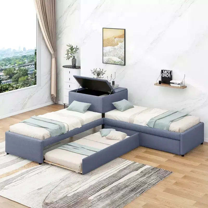 Twin Size L-Shaped Platform Bed, Wooden Bed Frame with Trundle and 2 Drawers and Built-in Table for Bedroom, Gray