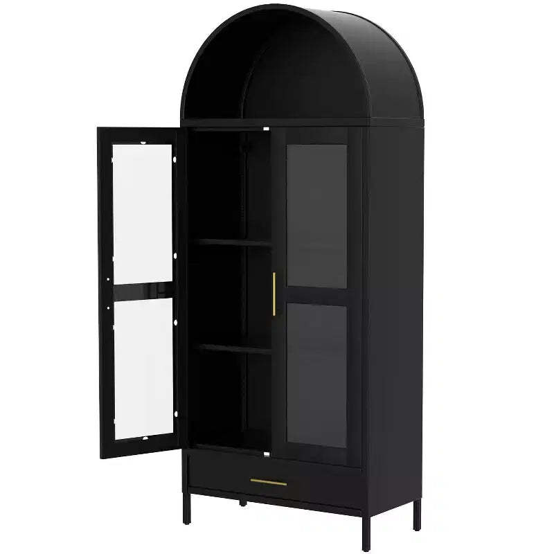GustoWave 73 Tall Arched Metal Storage Cabinet w/Glass Doors & Drawer, Pantry Cabinet w/Adjustable Shelves, Modern Accent Bookshelf, Black