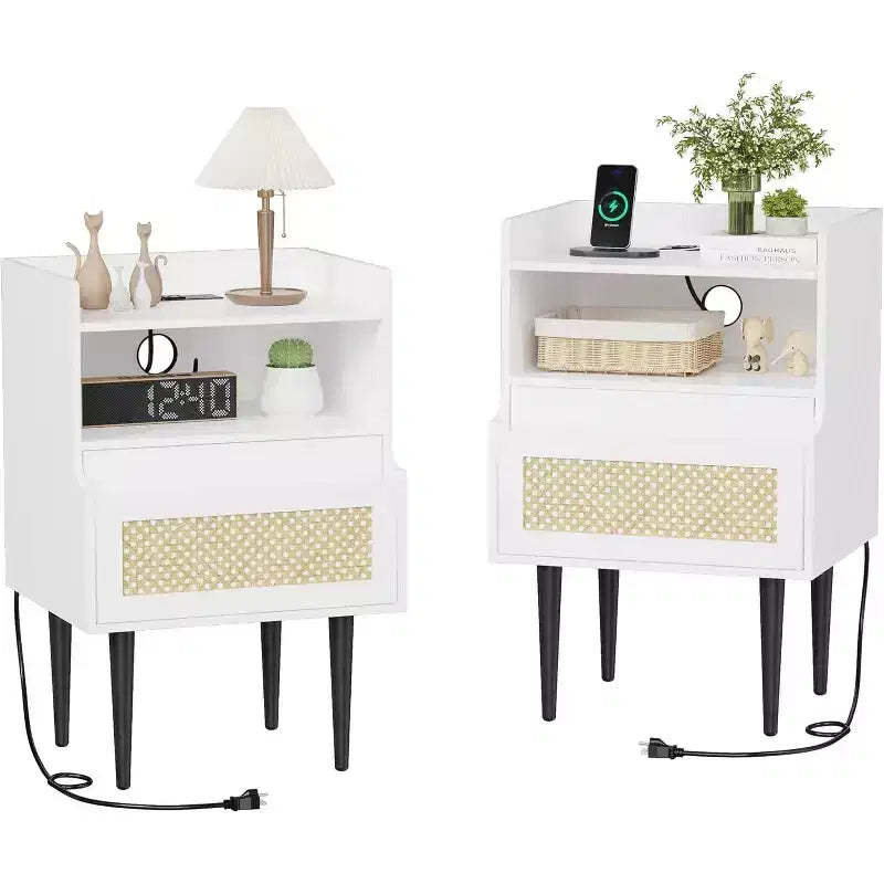 Nightstands Set of 2 with Charging Station, Drawer Open Shelf, Cane Accent Side End Table, Bedside Table