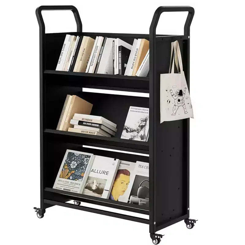 Metal Rolling Book Storage Cart, V-Shaped 3-Tier Display Shelf with Side Hooks & 4 Lockable Wheels - Black