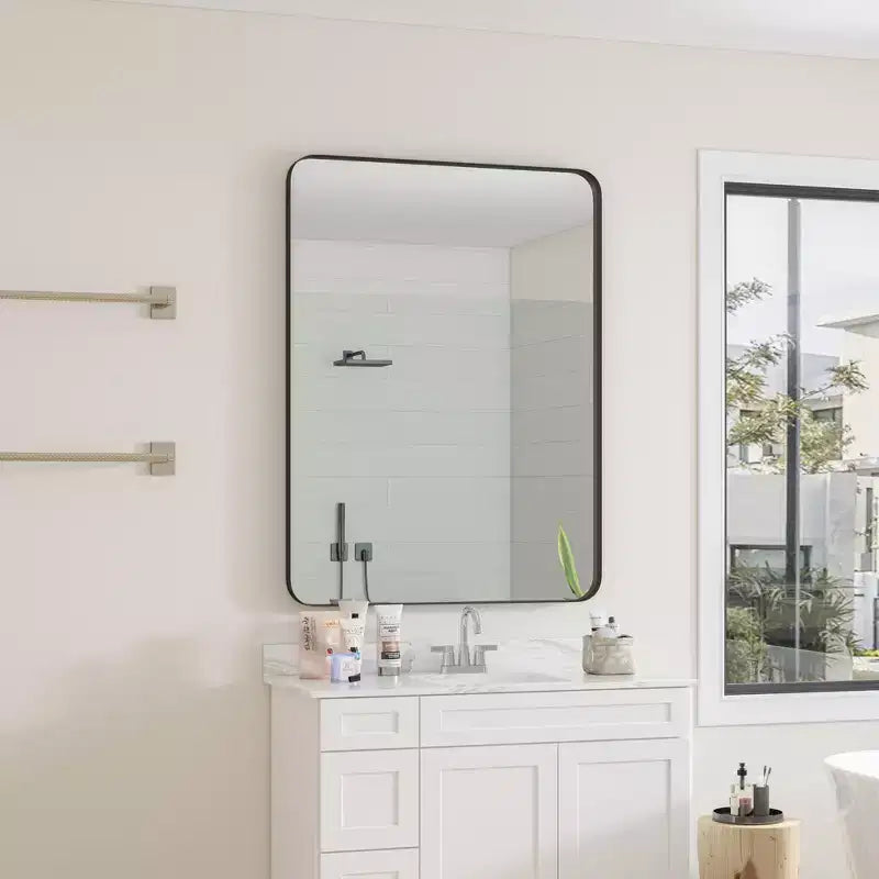 Okak Minimalism Rectangular Bathroom Mirror, Wall Mirror with Metal Frame and Arched Corner, Vanity Mirror for Bathroom