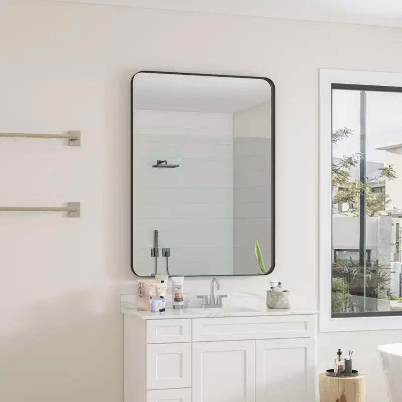 Okak Minimalism Rectangular Bathroom Mirror, Wall Mirror with Metal Frame and Arched Corner, Vanity Mirror for Bathroom