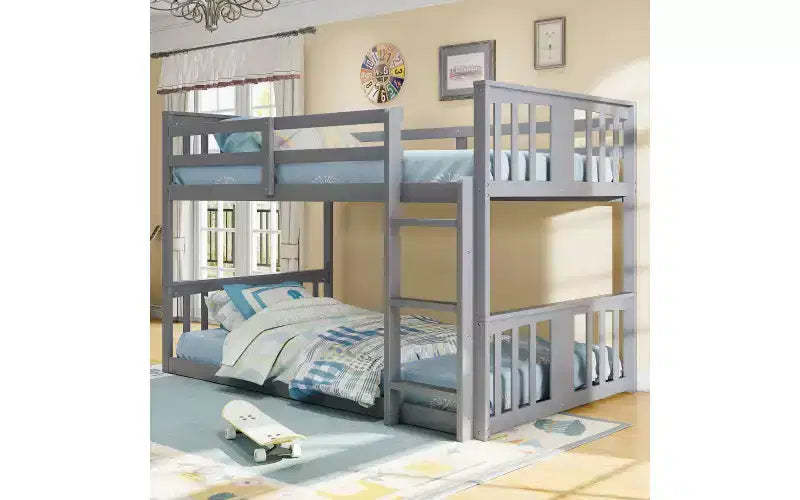 Zevemomo Low Twin Over Twin Bunk Bed, Solid Pine Wood Frame with Built-in Ladder, Converts to 2 Twin Beds, Space-Saving Floor Bed for Bedroom,Gray