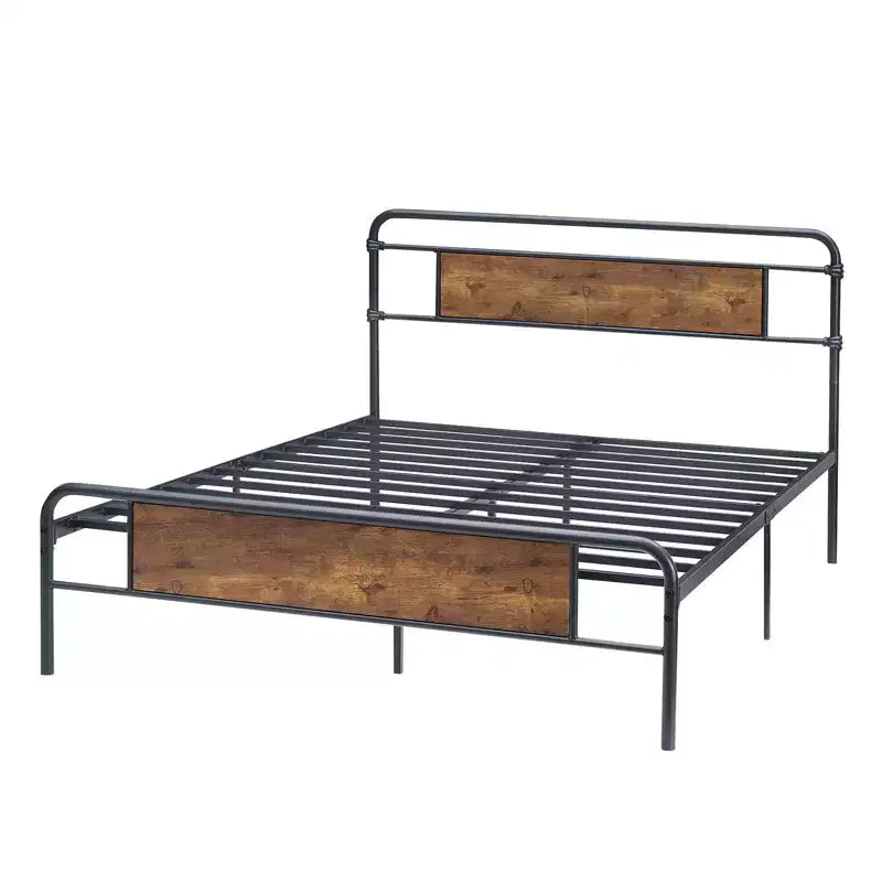 COZONY Queen Platform Bed Frame with Vintage Wood Headboard, Sturdy Metal Slats No Box Spring Underbed Storage Easy Assembly