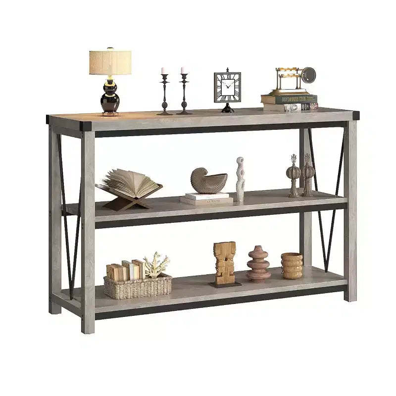 47 Entryway Console Table C 3-Tier Narrow Sofa Table with Storage Shelves (Grey, for Living Room/Hallway/Kitchen)