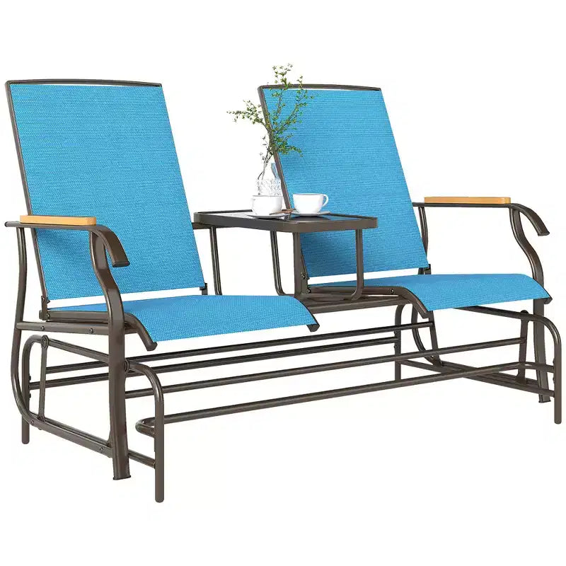Outdoor 2-Person Glider Bench, Outside Glider Swing Chair Loveseat with Table, Steel Frame