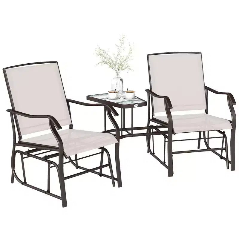 Outsunny Outdoor Glider Chairs with Coffee Table, Patio 2-Seat Rocking Chair Swing Loveseat with Breathable Sling for Backyard, Garden and Porch