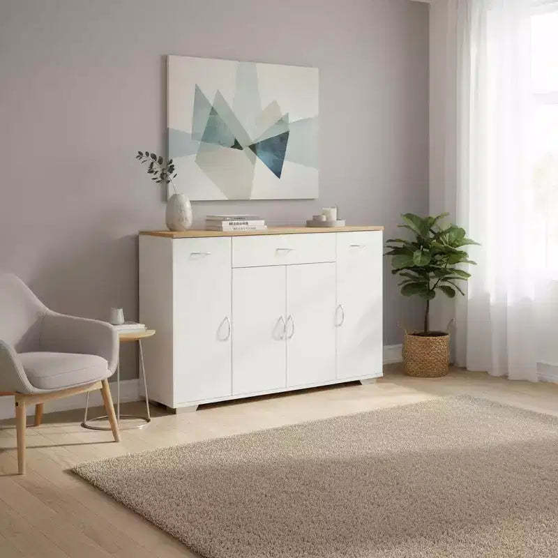 FurnitureR Modern Farmhouse Sideboard Buffet Storage Cabinet, Wooden Coffee Buffet Table with Drawer and Shelves, 43.3 Barn Doors Storage Cabinet
