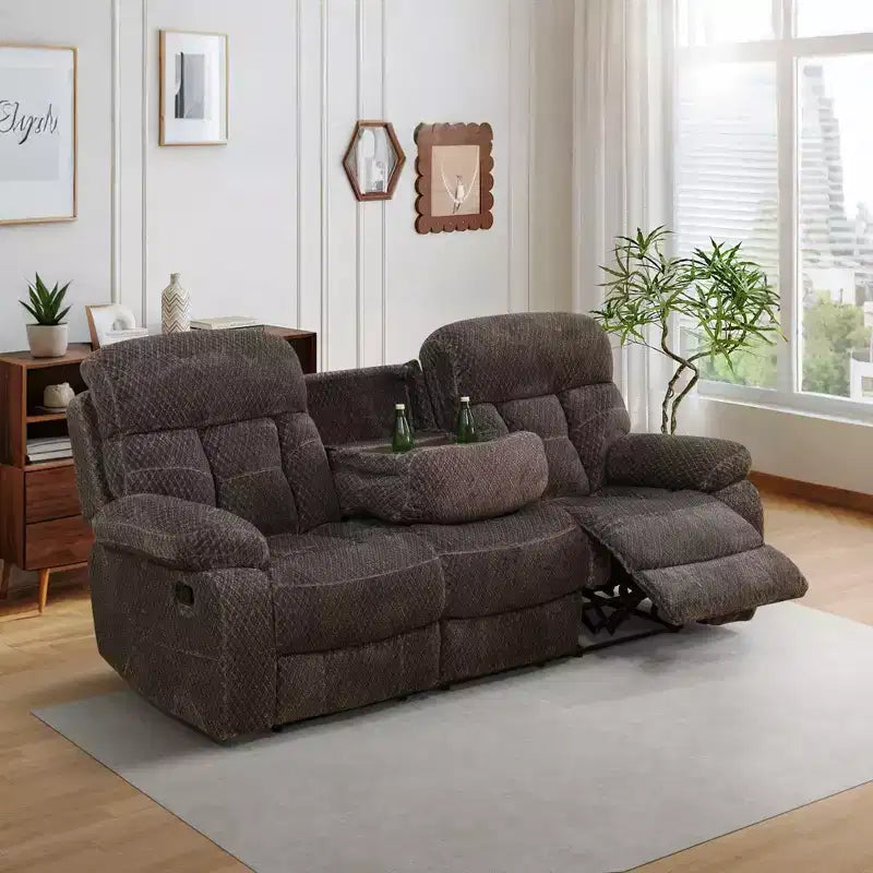 MAYEERTY Reclining Sofa, 3-Seat Non-Pilling Breathable Fabric Recliner with Flip-Up Cup-Holder Board for Living Room, Brown