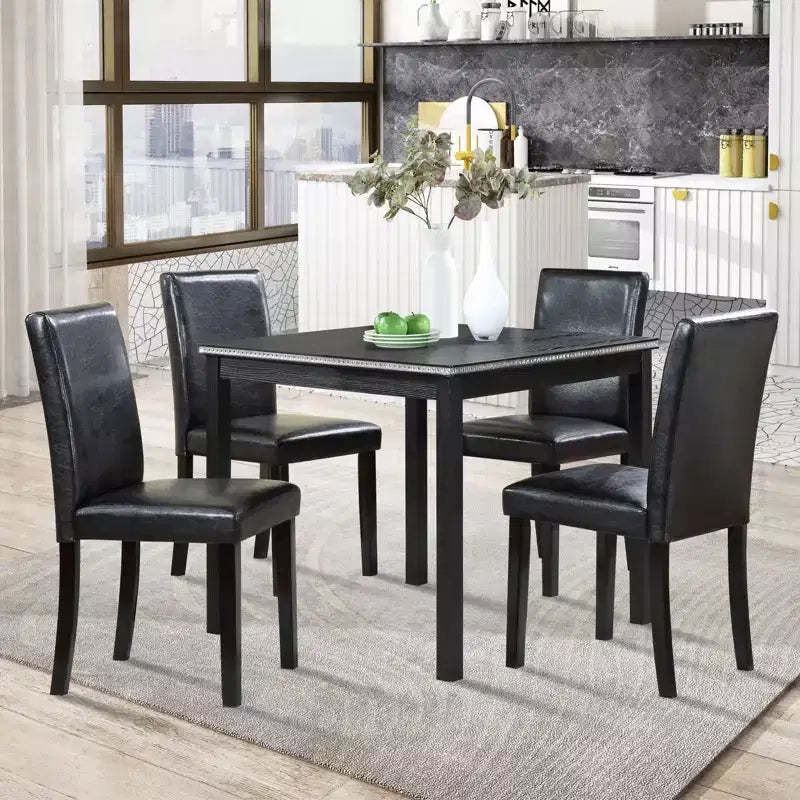 GDFStudio Jensen Modern 5 Piece Acacia Wood Faux Leather Upholstered Dining Chairs with Square Dining Table