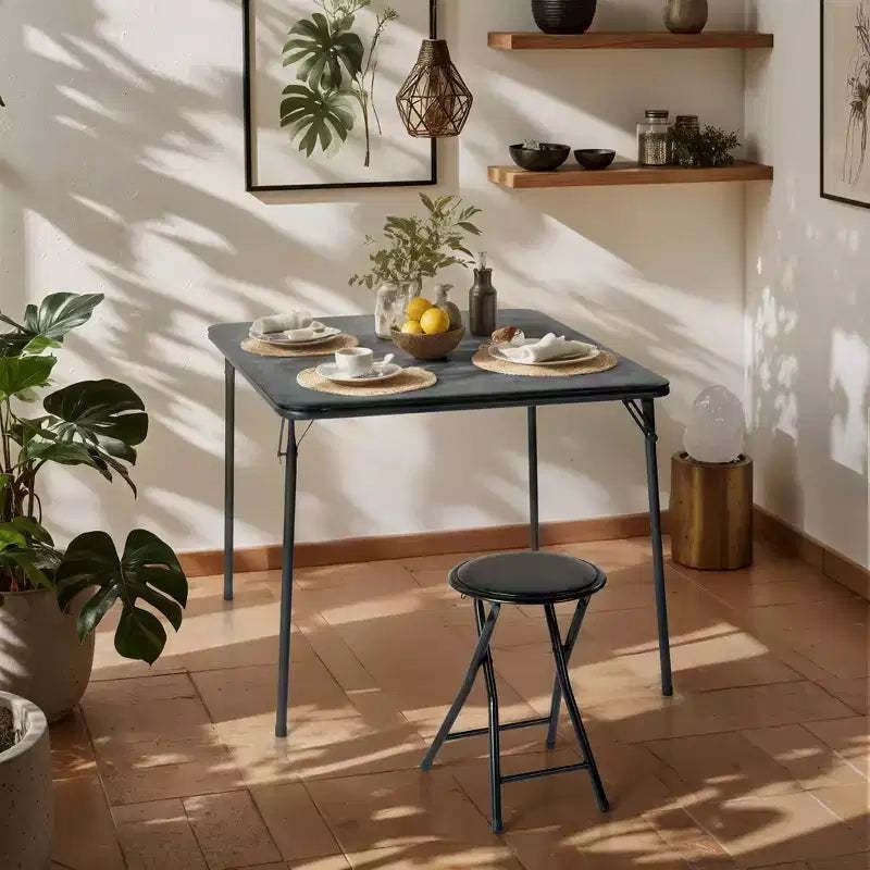FurnitureR 2-Piece Folding Table and Chair Set for 1, Space-Saving Square Card Table with Single Stool, Ideal for Small Spaces, Home, Patio, Black