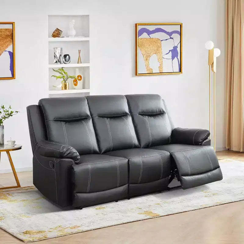 MAYEERTY Reclining Sofa, 3-Seat Breathable Semi-PU Leather Recliner with Adjustable Backrests for Living Room, Black