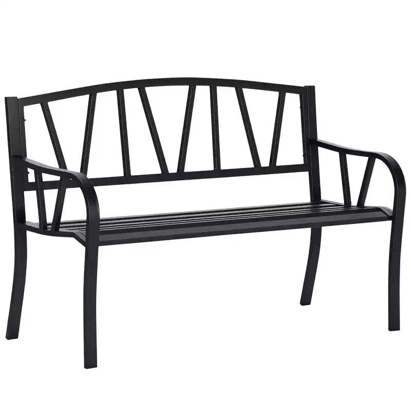 50 Outdoor Bench, Metal Garden Bench with V-Shaped Pattern Backrest, Porch Bench with Slatted Seat for Park, Lawn